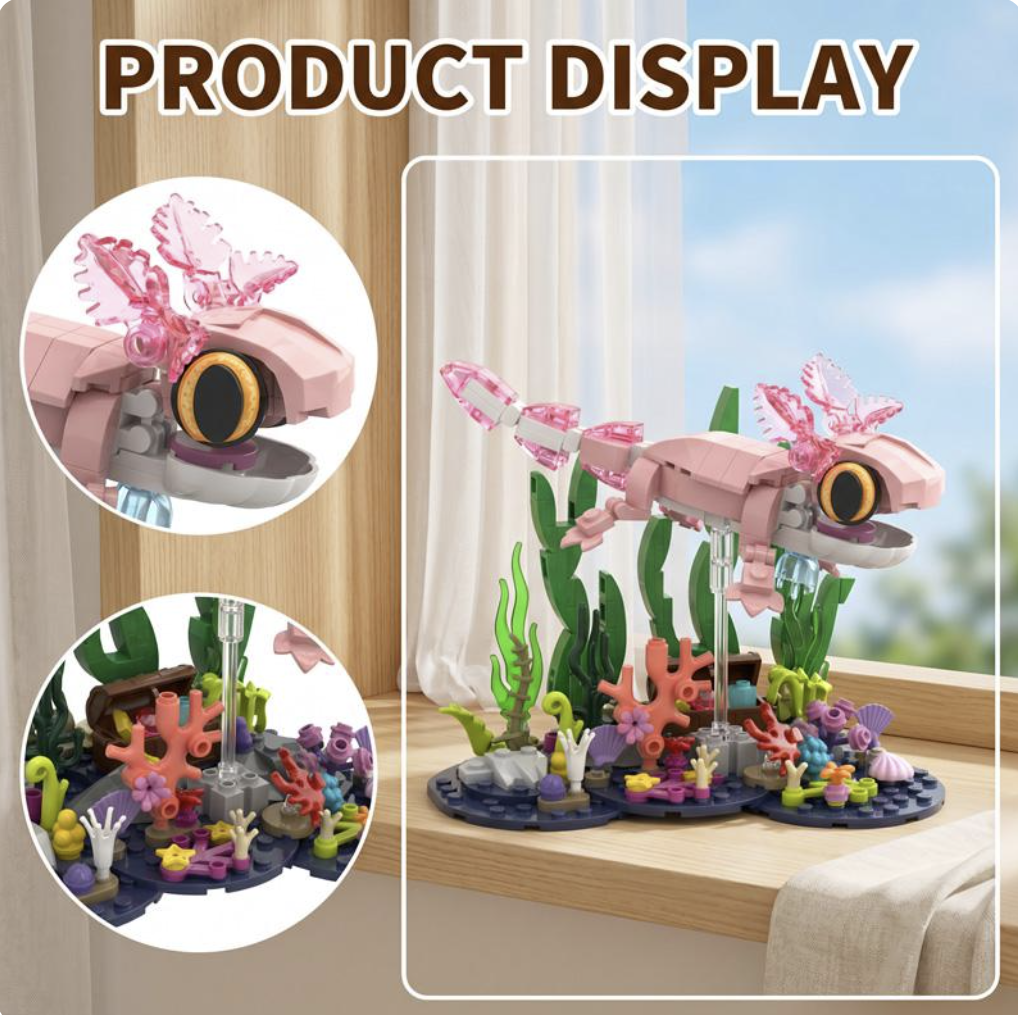 Pink Axolotl Building Block Set, Cute Underwater Salamander Model with Coral Reef Scene, DIY STEM Construction Toy, Aquarium Display Collectible Gift for Kids and Adults