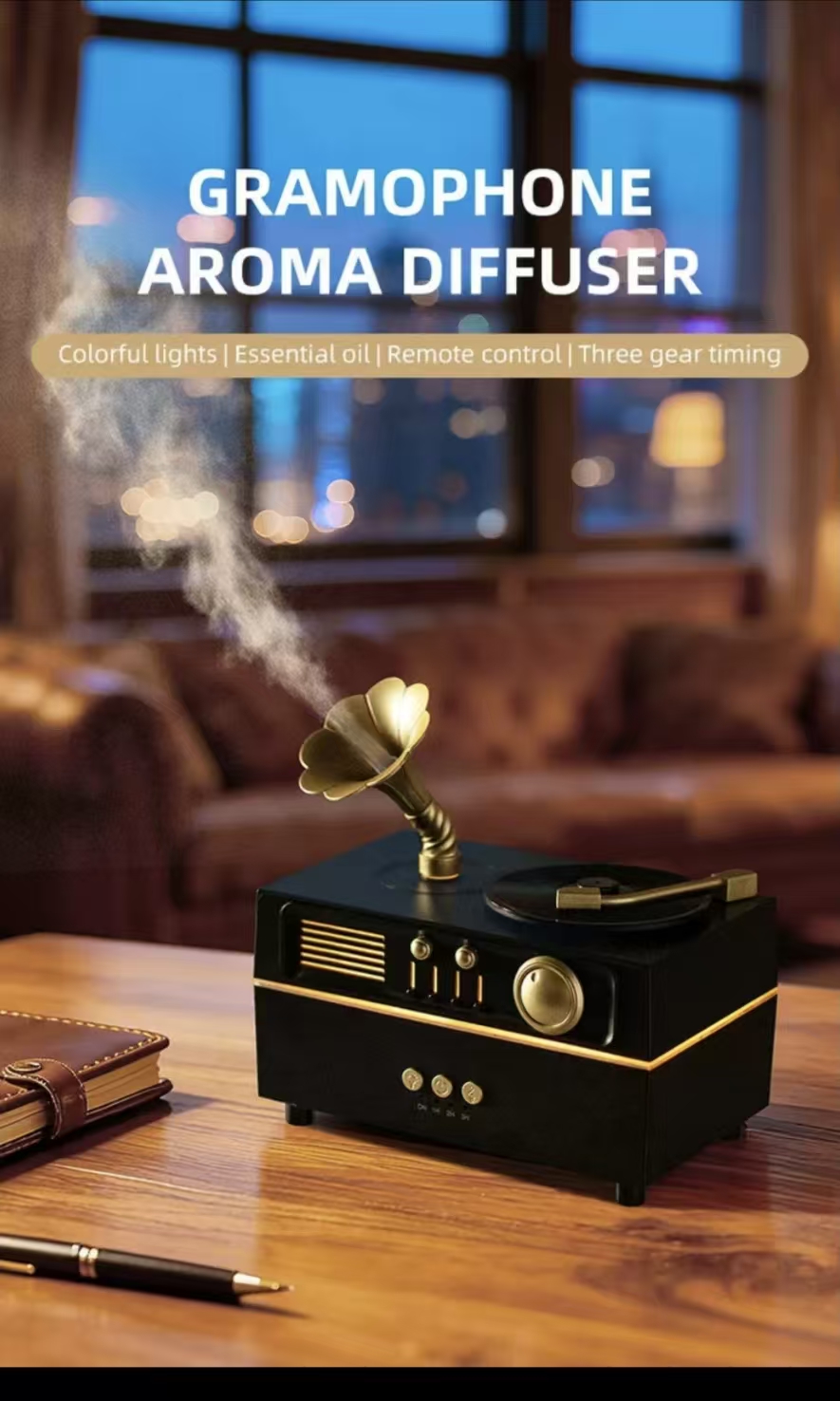 Vintage-style gramophone aroma diffuser and humidifier, suitable for yoga studios, bedrooms, offices, and home environments; features remote control, timer settings, and automatic shut-off functions.