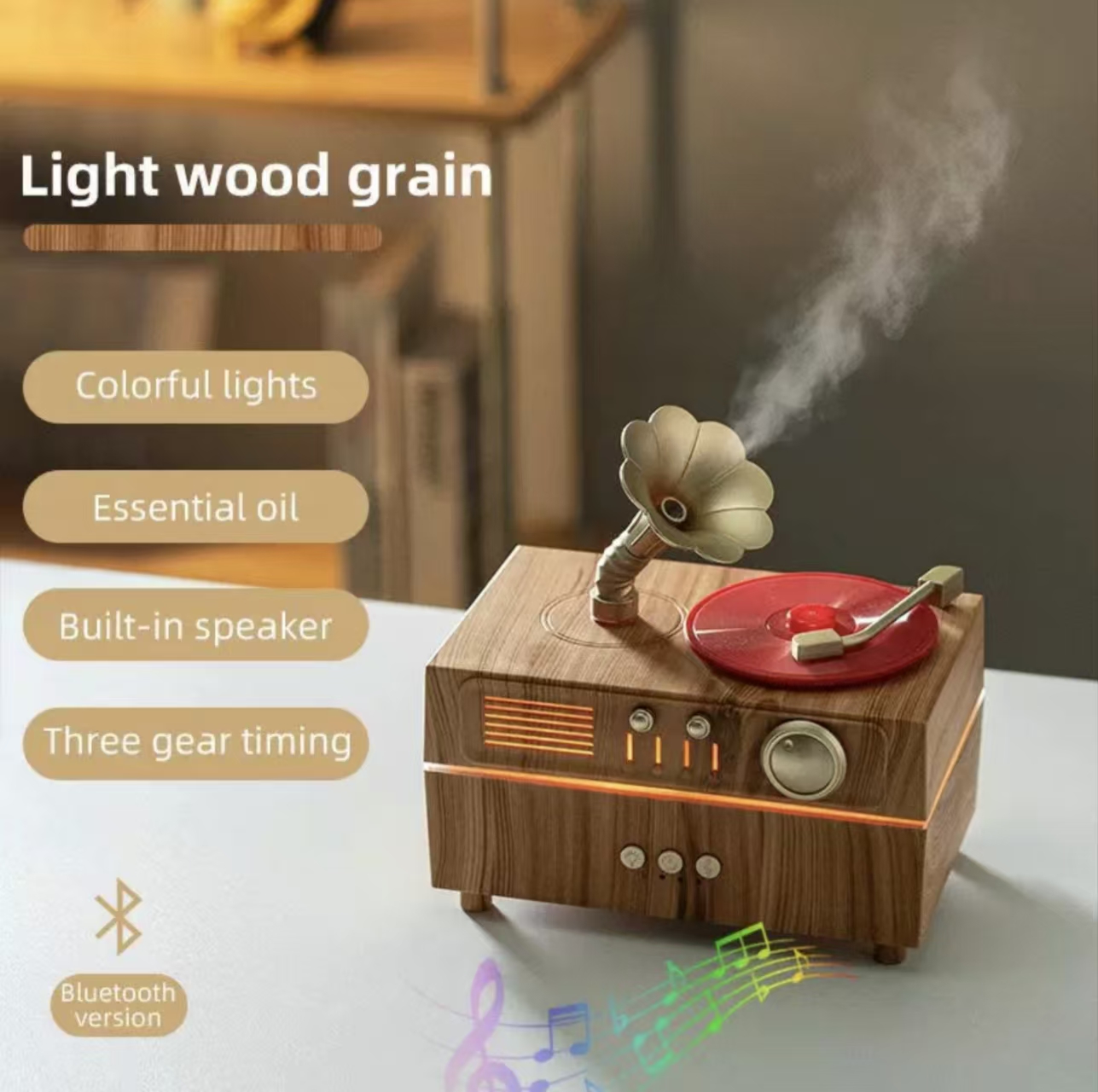 Vintage-style gramophone aroma diffuser and humidifier, suitable for yoga studios, bedrooms, offices, and home environments; features remote control, timer settings, and automatic shut-off functions.
