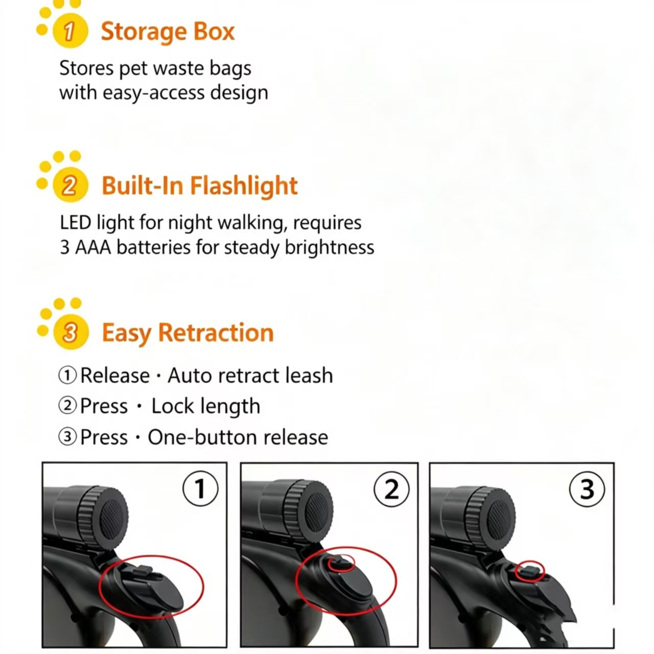 16.4FT Retractable Dog Leash with Poop Bag Holder & LED Flashlight, Non-Slip Automatic Extending Walking Lead for Small Medium Dogs Up to 44LBS