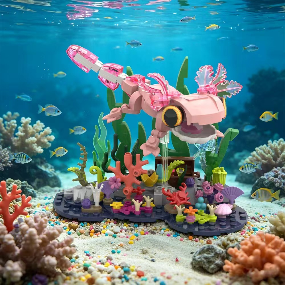 Pink Axolotl Building Block Set, Cute Underwater Salamander Model with Coral Reef Scene, DIY STEM Construction Toy, Aquarium Display Collectible Gift for Kids and Adults