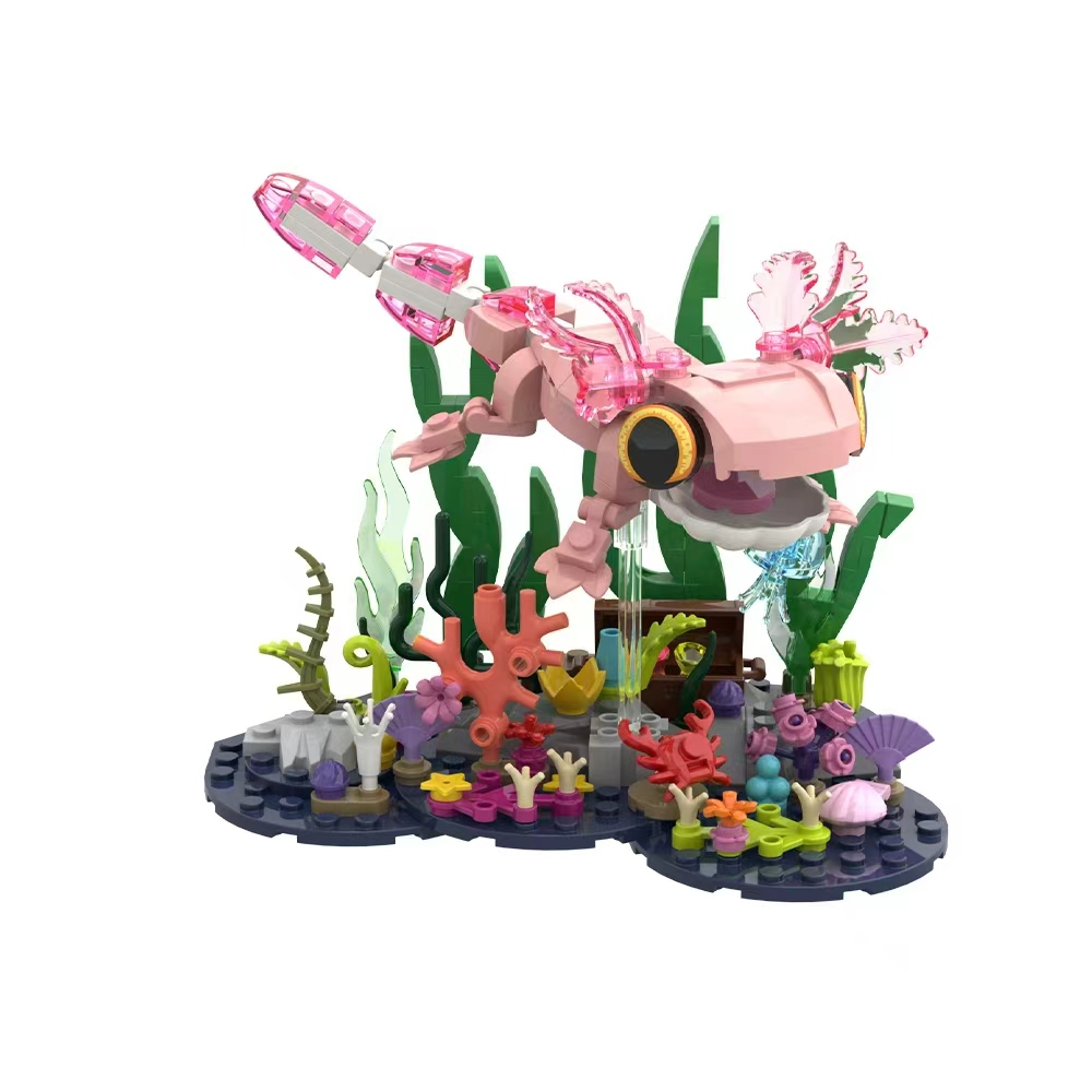 Pink Axolotl Building Block Set, Cute Underwater Salamander Model with Coral Reef Scene, DIY STEM Construction Toy, Aquarium Display Collectible Gift for Kids and Adults