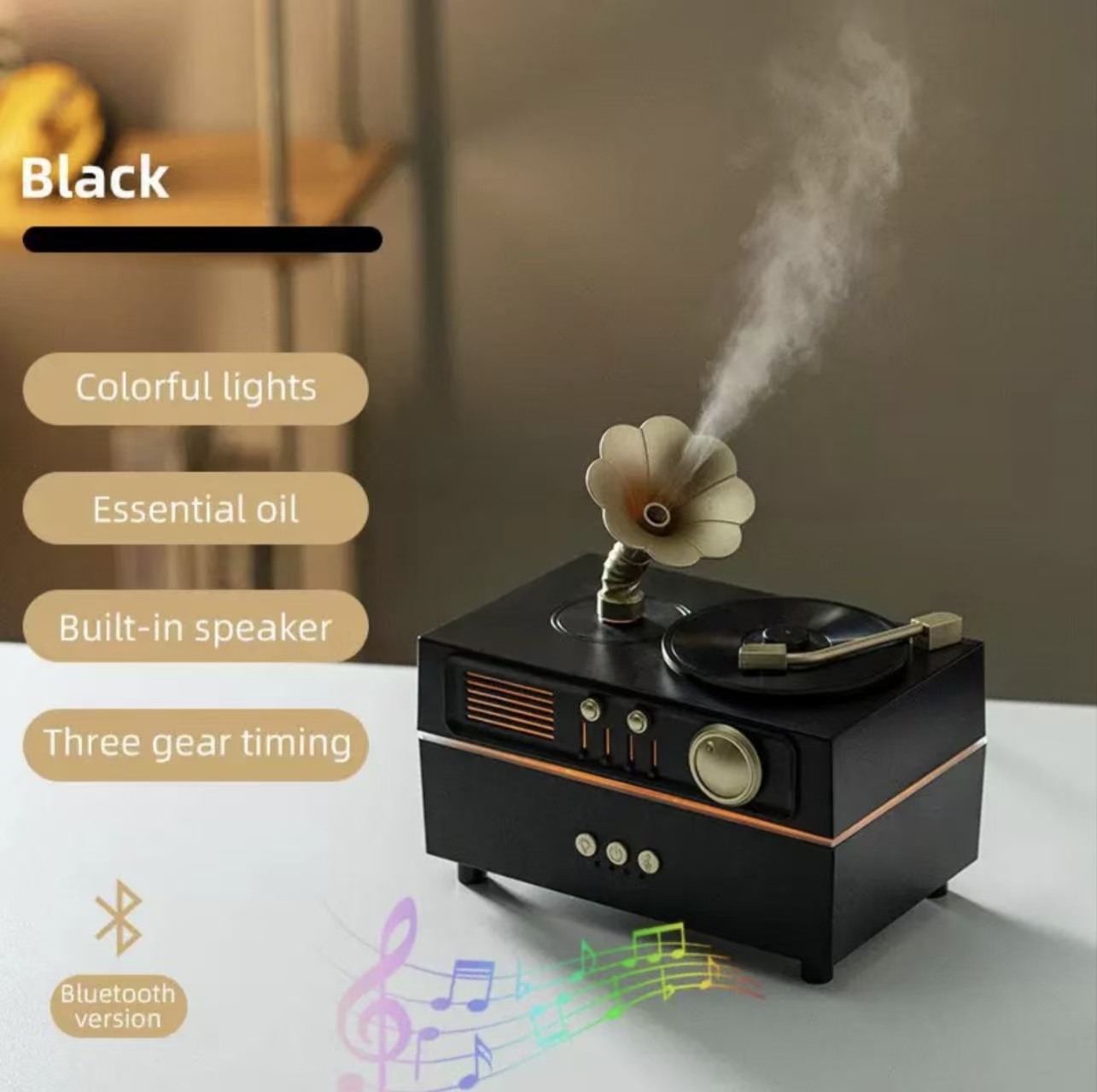 Vintage-style gramophone aroma diffuser and humidifier, suitable for yoga studios, bedrooms, offices, and home environments; features remote control, timer settings, and automatic shut-off functions.