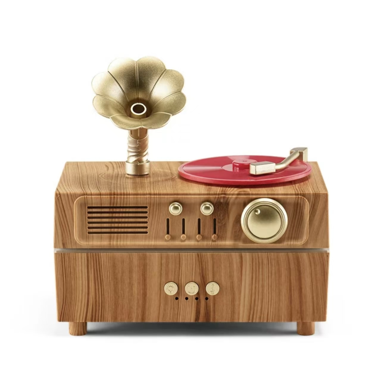 Vintage-style gramophone aroma diffuser and humidifier, suitable for yoga studios, bedrooms, offices, and home environments; features remote control, timer settings, and automatic shut-off functions.