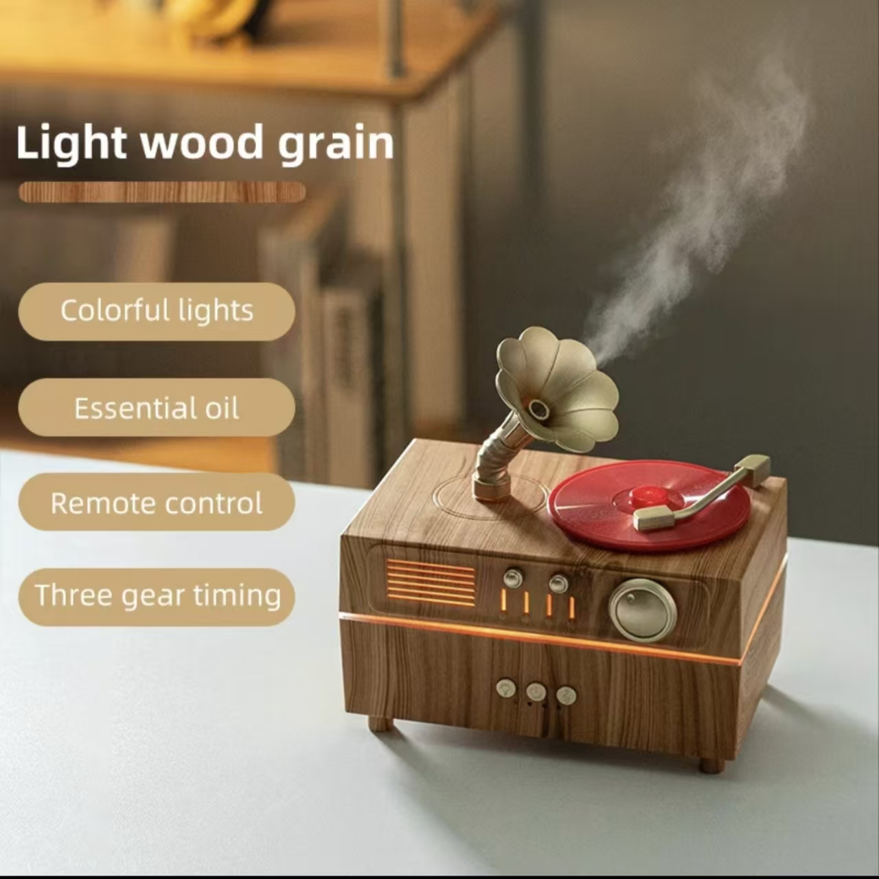 Vintage-style gramophone aroma diffuser and humidifier, suitable for yoga studios, bedrooms, offices, and home environments; features remote control, timer settings, and automatic shut-off functions.