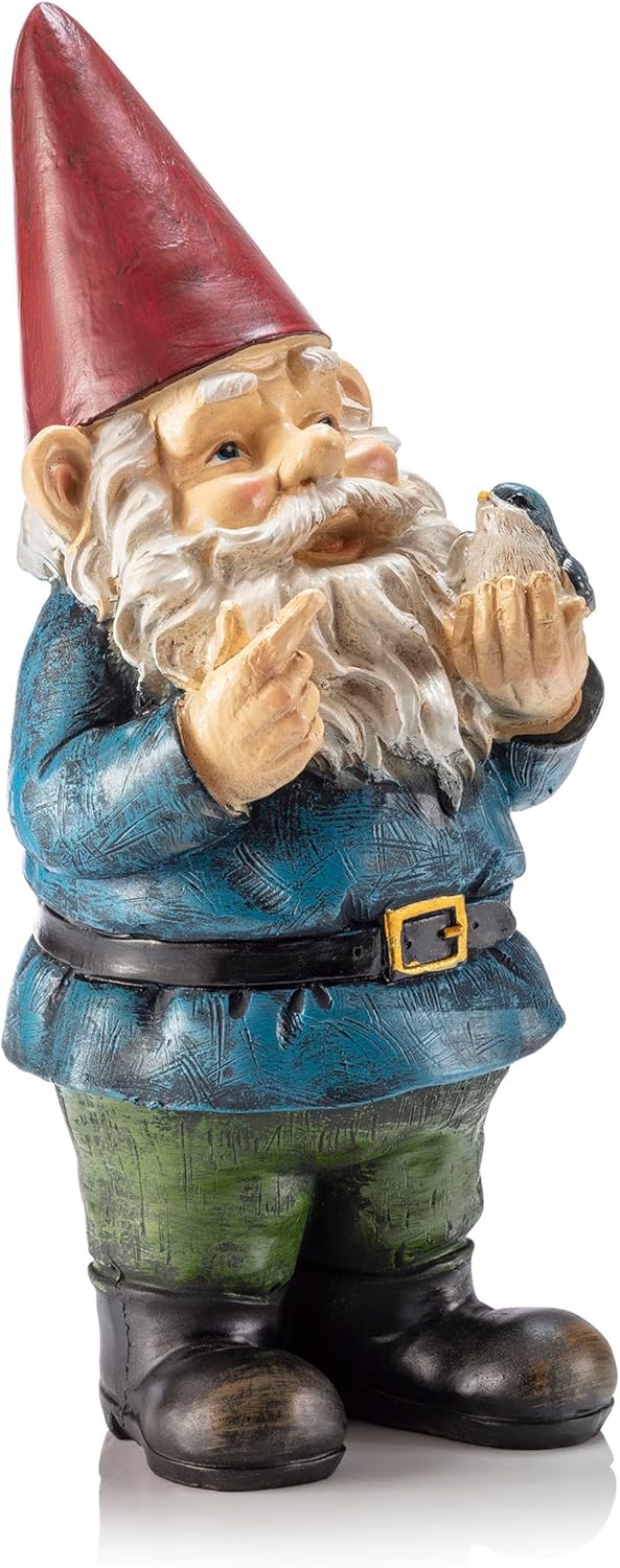 12" Tall Garden Gnome Outdoor Yard Statue with Colorful Bird Accent, Playful Polyresin Decoration, Multicolor