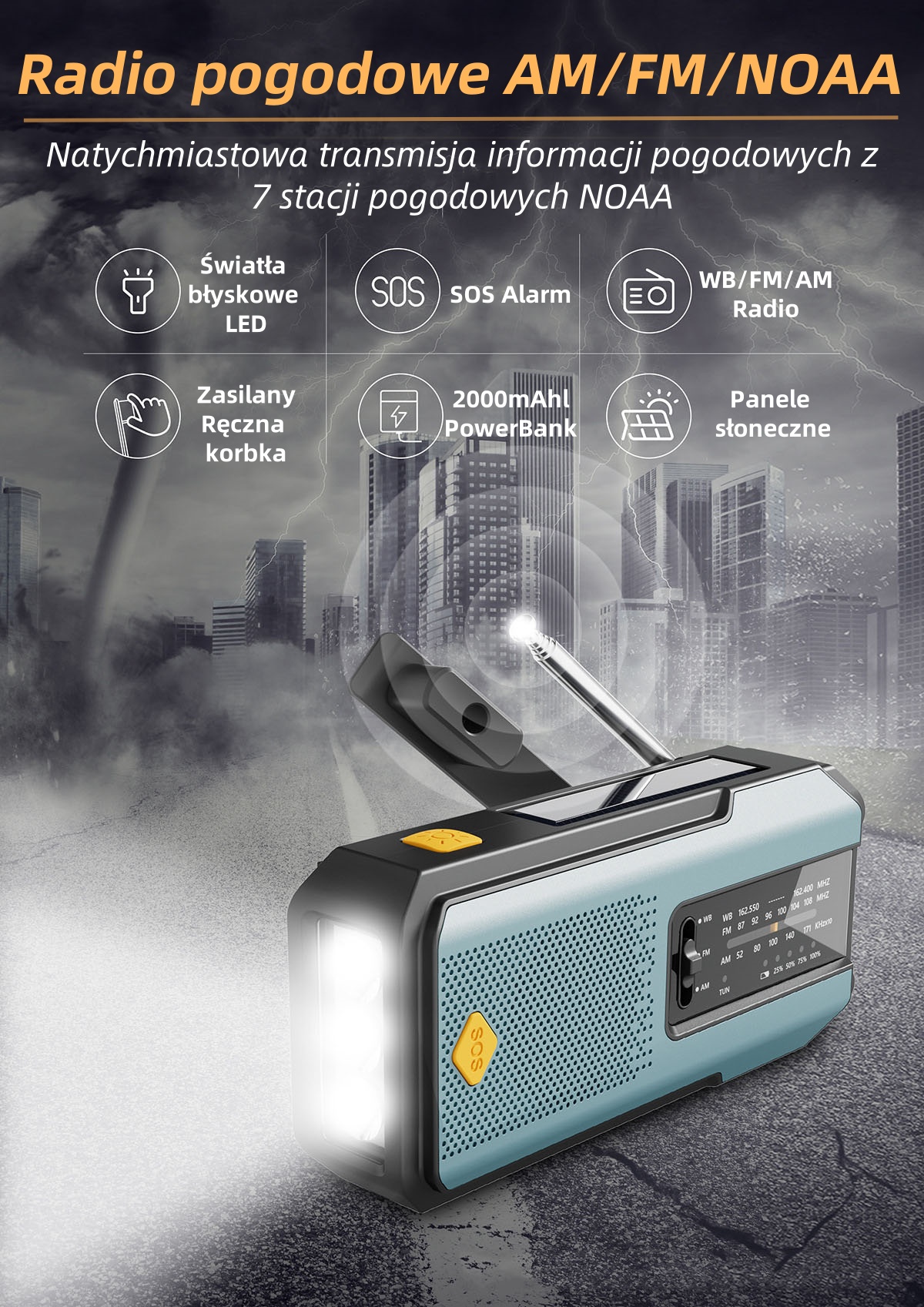 Radio Awaryjne Multifunkcyjne z Power Bankiem - Ładowanie Solarne/Korbowe/Type-C, SOS 120dB, Latarka LED, Odbiornik AM/FM/WB, Wodoszczelne (2000mAh)