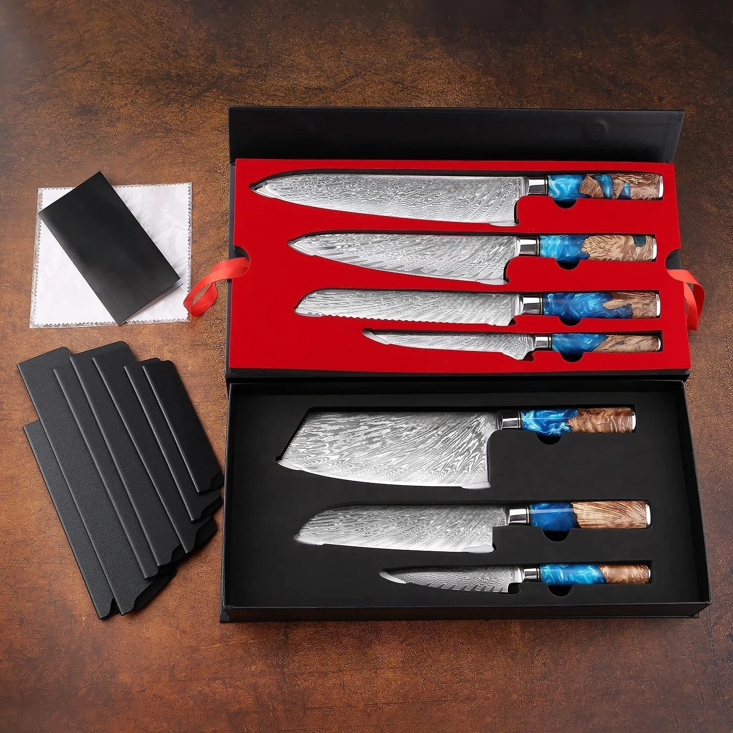 Zestaw Noży Kuchennych – 7 Części: Nóż Szefa Kuchni, Nóż do Chleba 8'', Nóż Santoku 7''