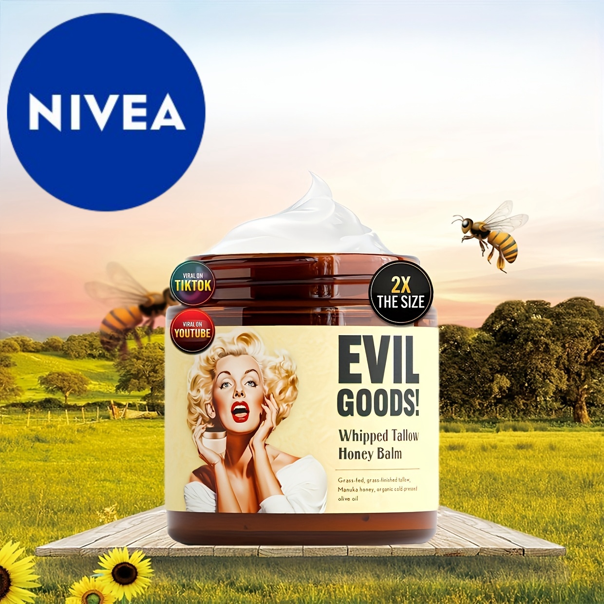 Główny produkt EVIL GOODS™ x NIVEA+ – Krem 3w1 do twarzy, ciała i ust z ubitym łojem pszczelim i miodem manuka. 100% naturalne składniki, bez chemii