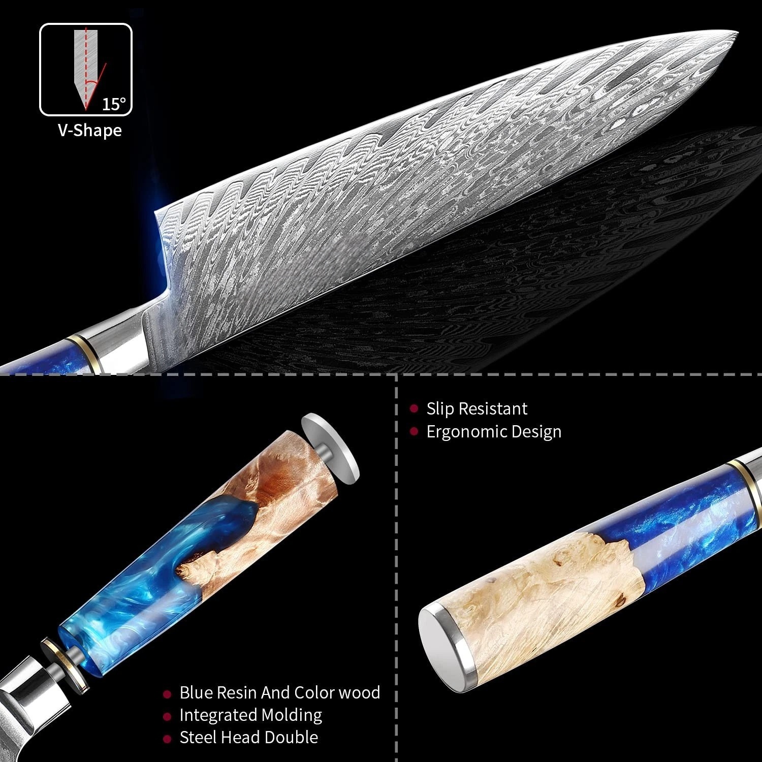 Zestaw Noży Kuchennych – 7 Części: Nóż Szefa Kuchni, Nóż do Chleba 8'', Nóż Santoku 7''