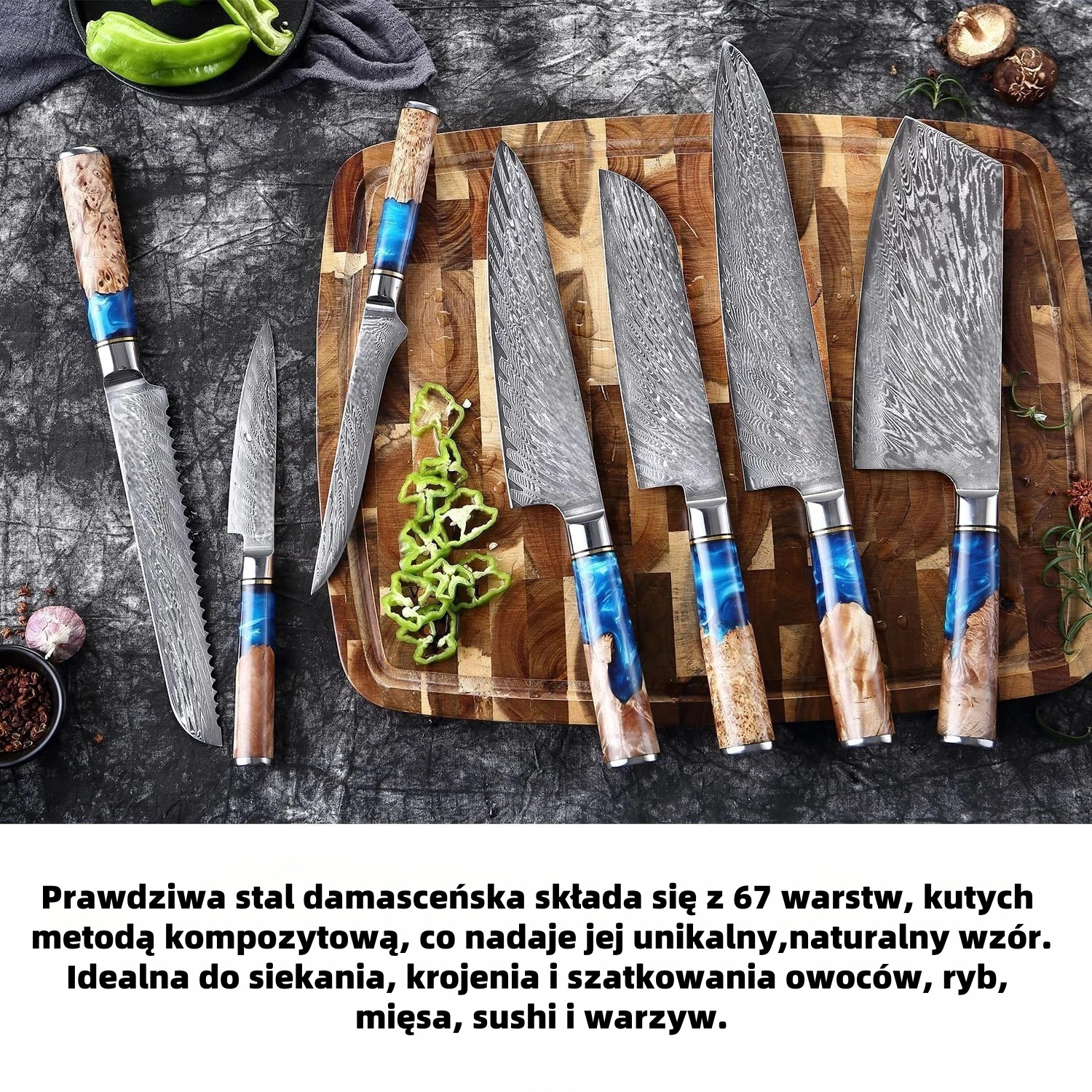 Zestaw Noży Kuchennych – 7 Części: Nóż Szefa Kuchni, Nóż do Chleba 8'', Nóż Santoku 7''