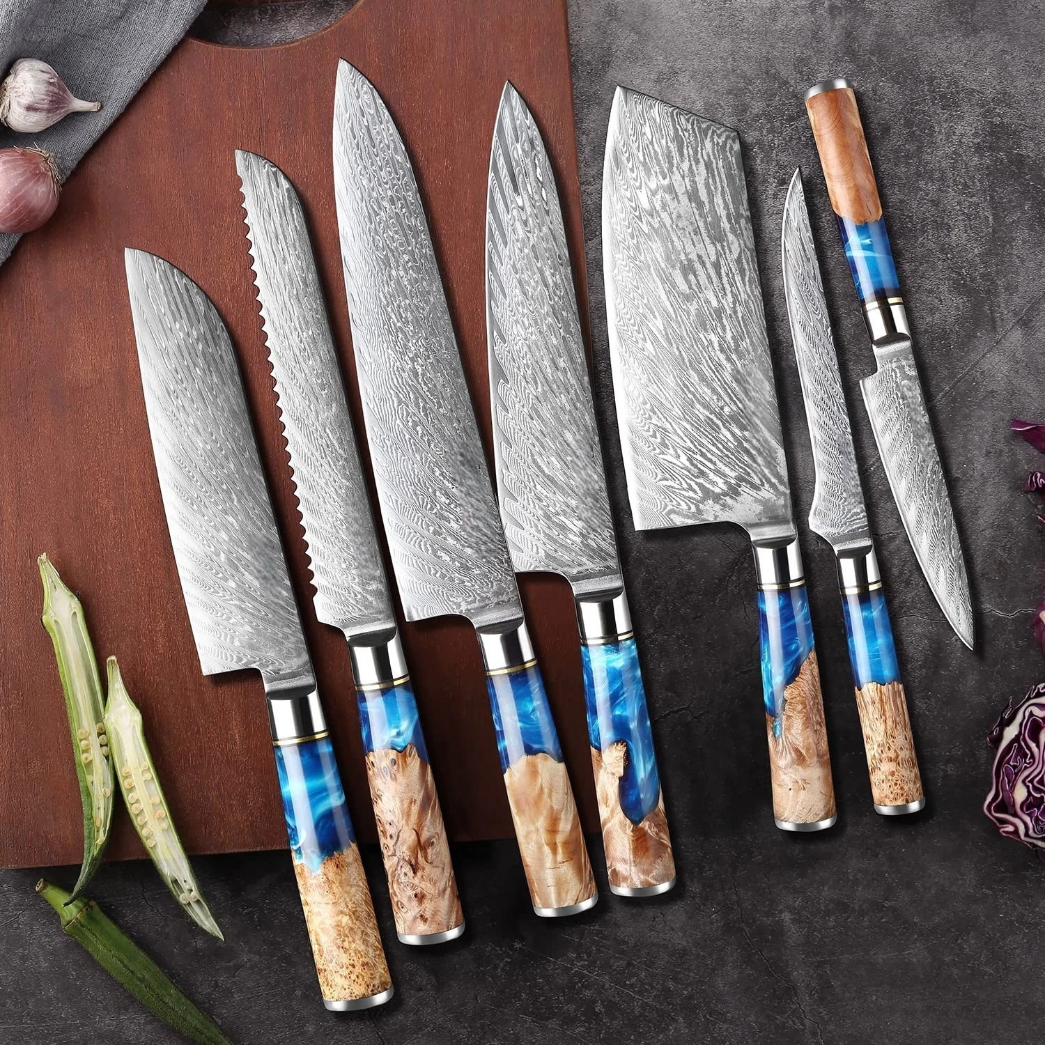 Zestaw Noży Kuchennych – 7 Części: Nóż Szefa Kuchni, Nóż do Chleba 8'', Nóż Santoku 7''