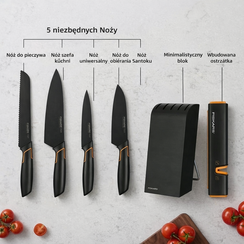 🔪 Fiskars zestaw 5 noży kuchennych z blokiem i ostrzałką – profesjonalna jakość, ostrość i trwałość 💯