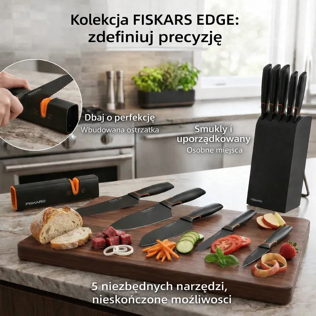🔪 Fiskars zestaw 5 noży kuchennych z blokiem i ostrzałką – profesjonalna jakość, ostrość i trwałość 💯