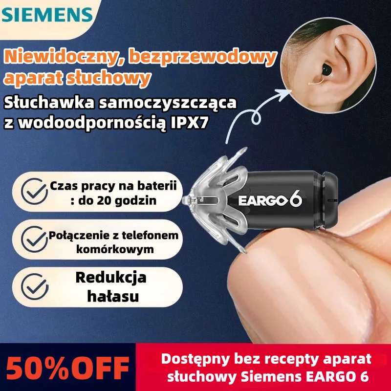 Aparat słuchowy Siemens EARGO OTC: niewidoczny, ładowalny, elastyczny model CIC, zatwierdzony przez FDA.
