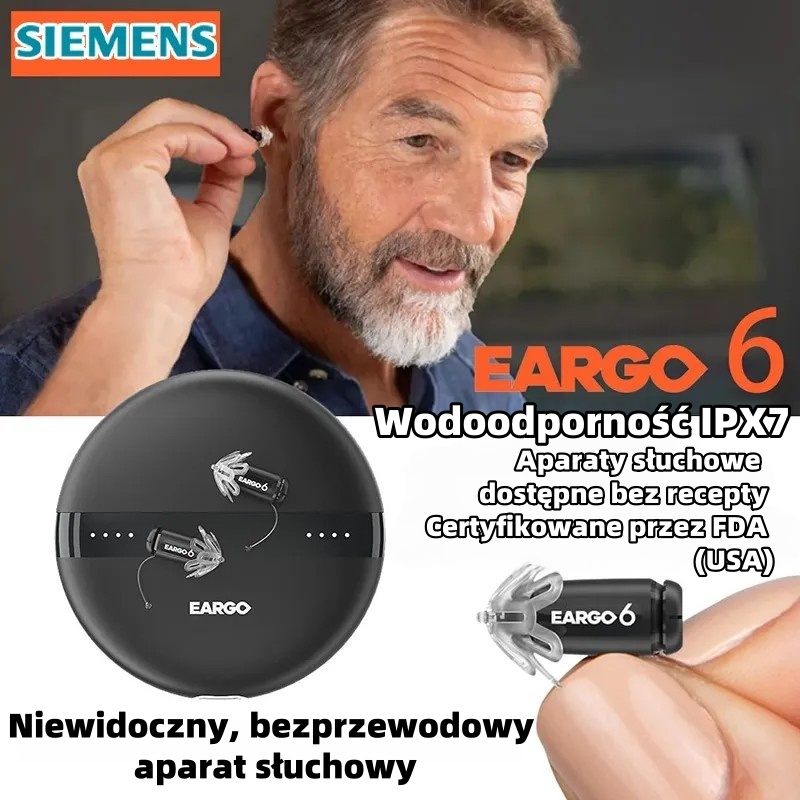 Aparat słuchowy Siemens EARGO OTC: niewidoczny, ładowalny, elastyczny model CIC, zatwierdzony przez FDA.