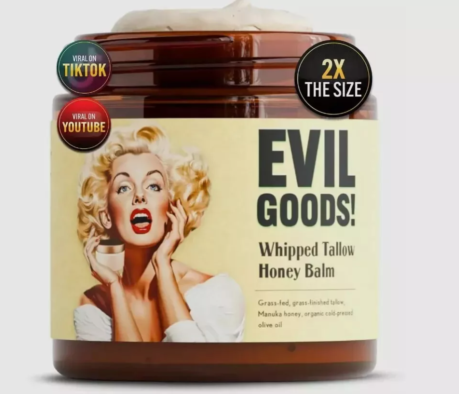 Evil Goods przeciwstarzeniowy krem nawilżający z łojem wołowym i miodem Manuka - otwarte opakowanie na białym tle