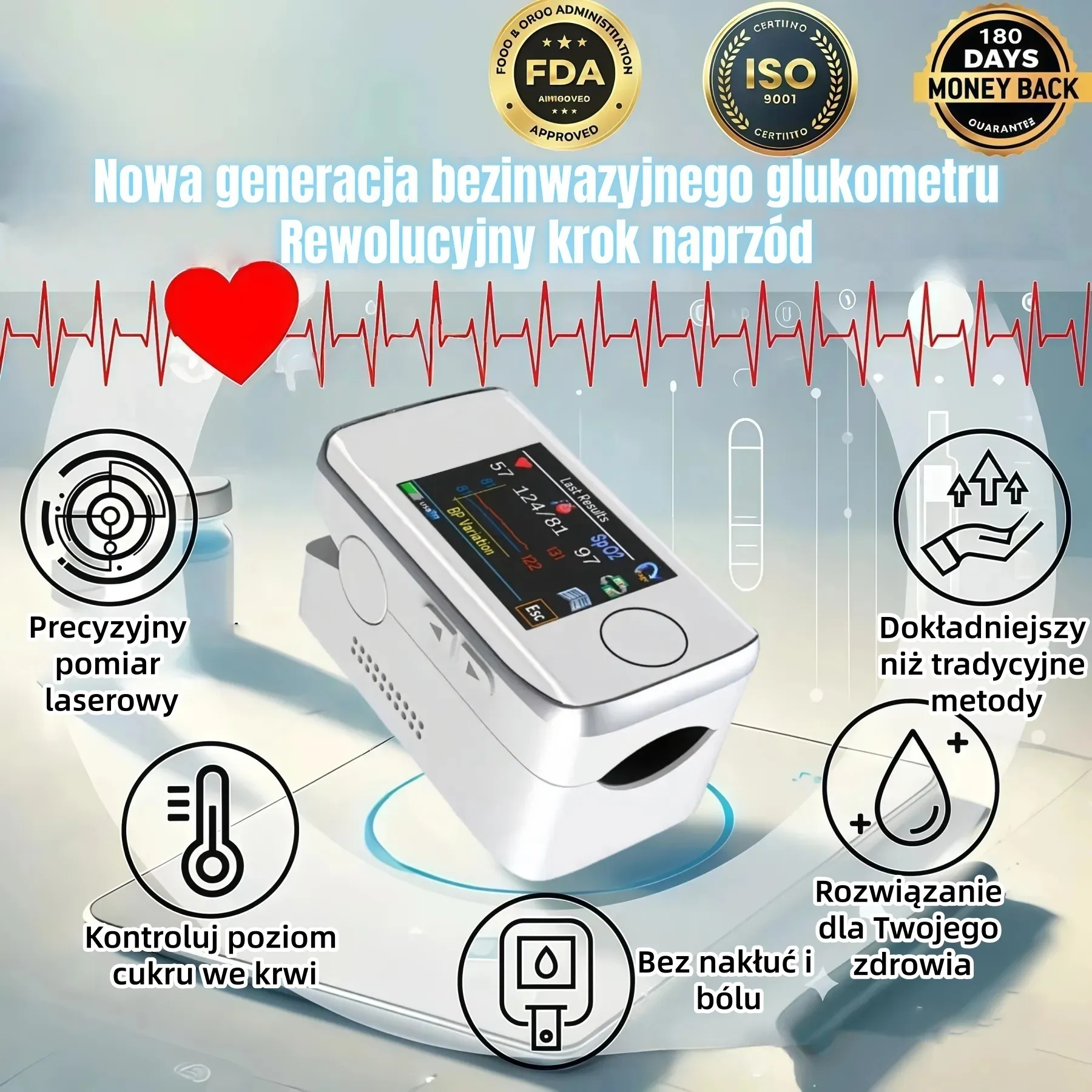 Nowoczesny bezinwazyjny glukometr – pomiar poziomu glukozy bez nakłuwania, wygodny i prosty w obsłudze
