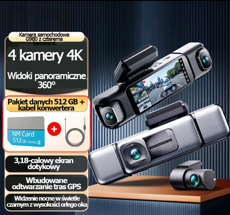 Kamera samochodowa 360° z czterema obiektywami, 4K Ultra HD, nocne nagrywanie i GPS