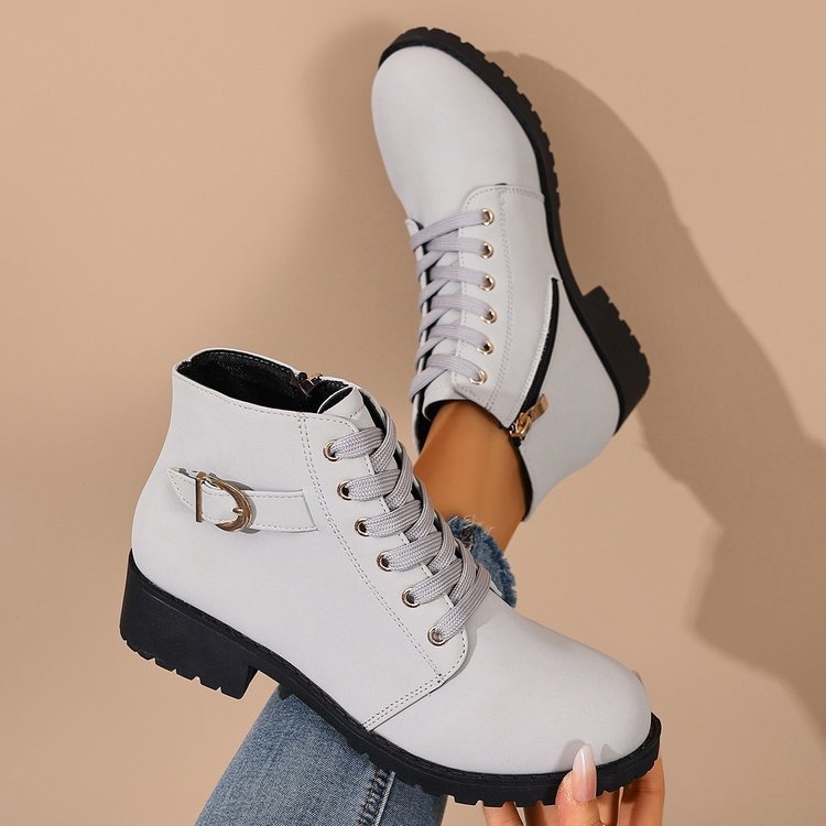 Women’s Side Zip Buckle Low Block Heel Ankle Boots