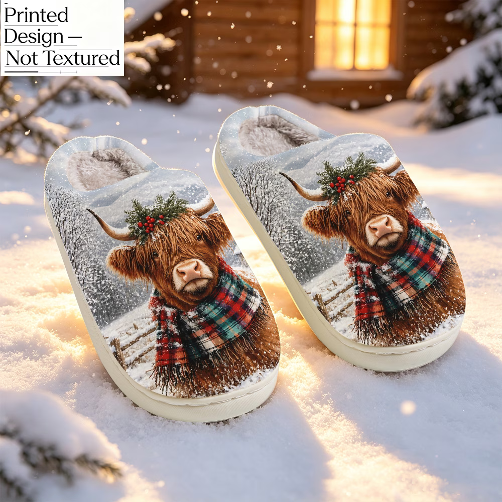 Women's Christmas Highland Cow Fleece Slippers