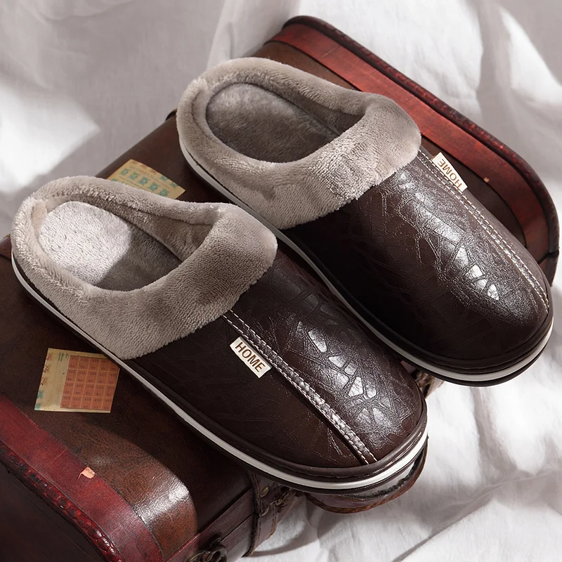Unisex Warm Waterproof Non‑Slip Leather Winter Slippers Indoor House Shoes