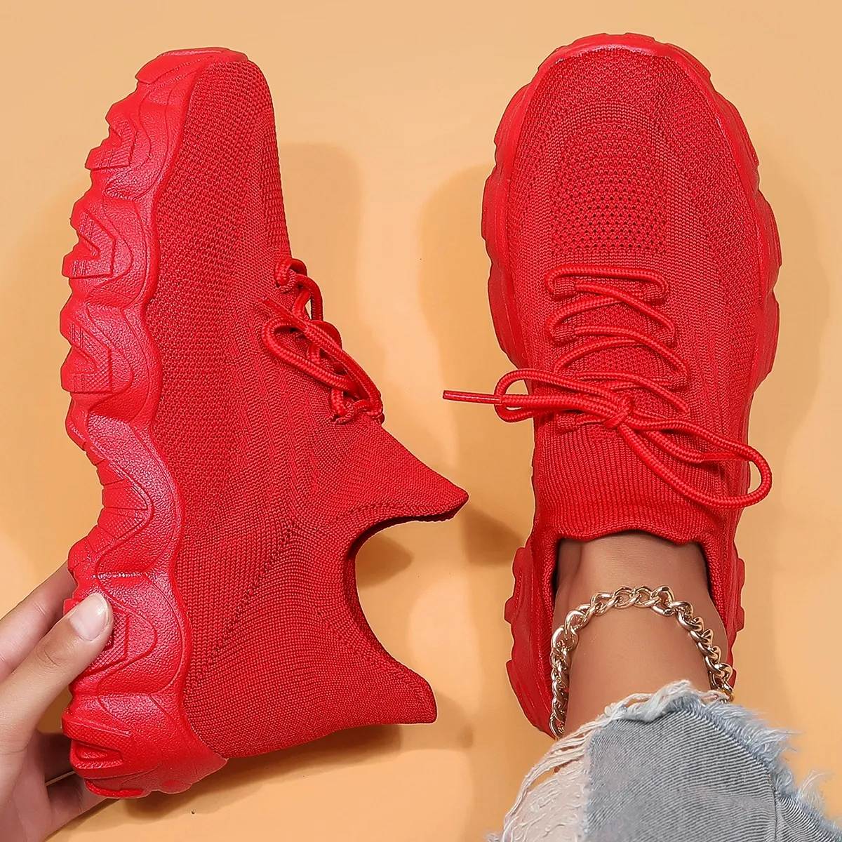 Women's Breathable Stretch Knit Thick Sole Slip‑On Trainers Walking Shoes