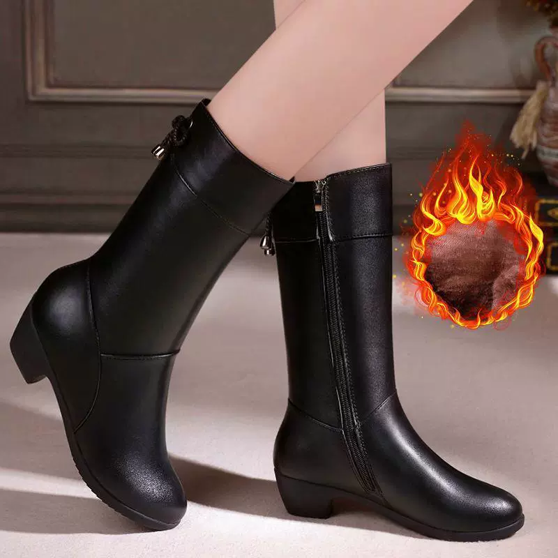 Women's Warm Fleece Lined Mid Calf Leather Winter Boots