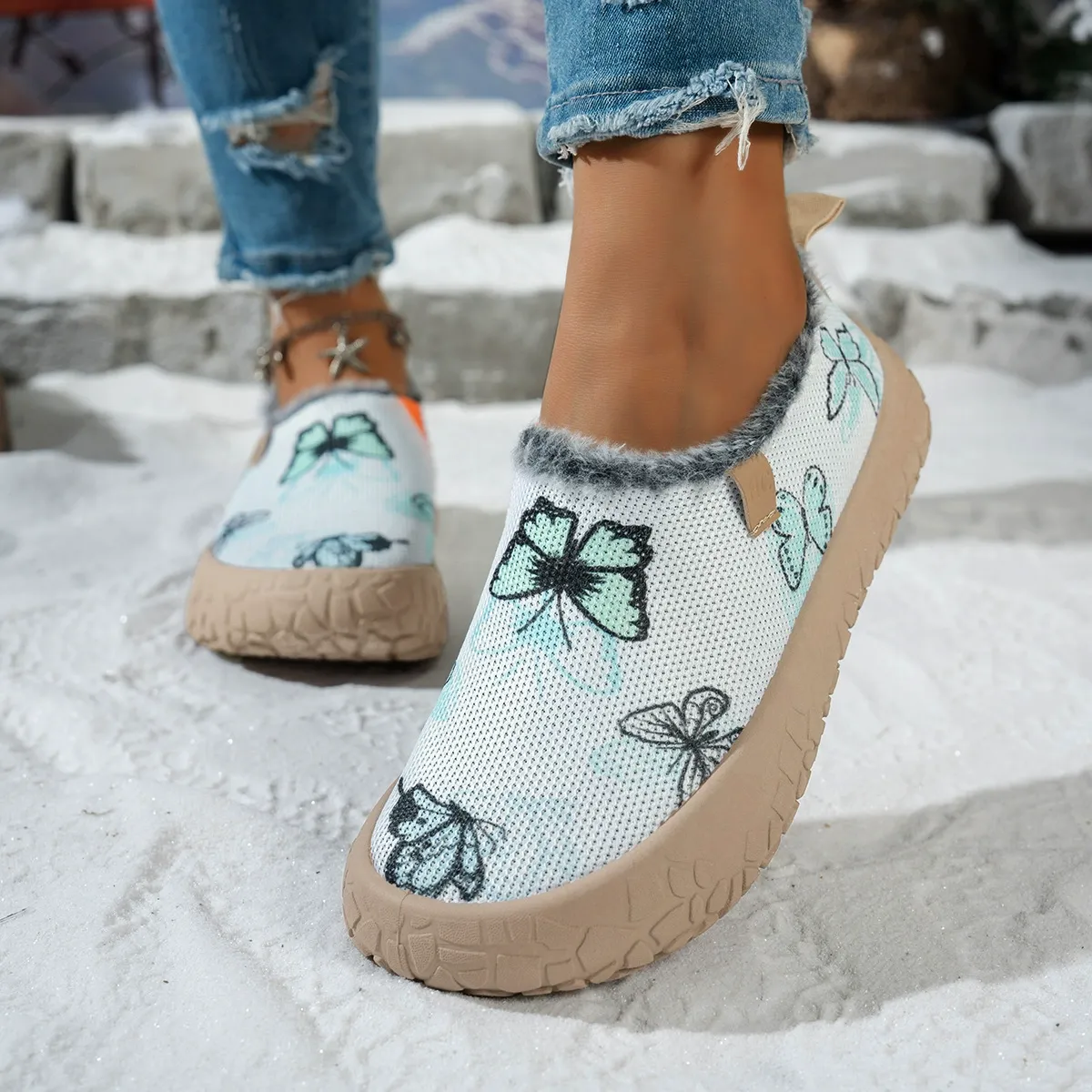 Women's Butterfly Print Warm Fleece Lined Winter Slip‑On Shoes