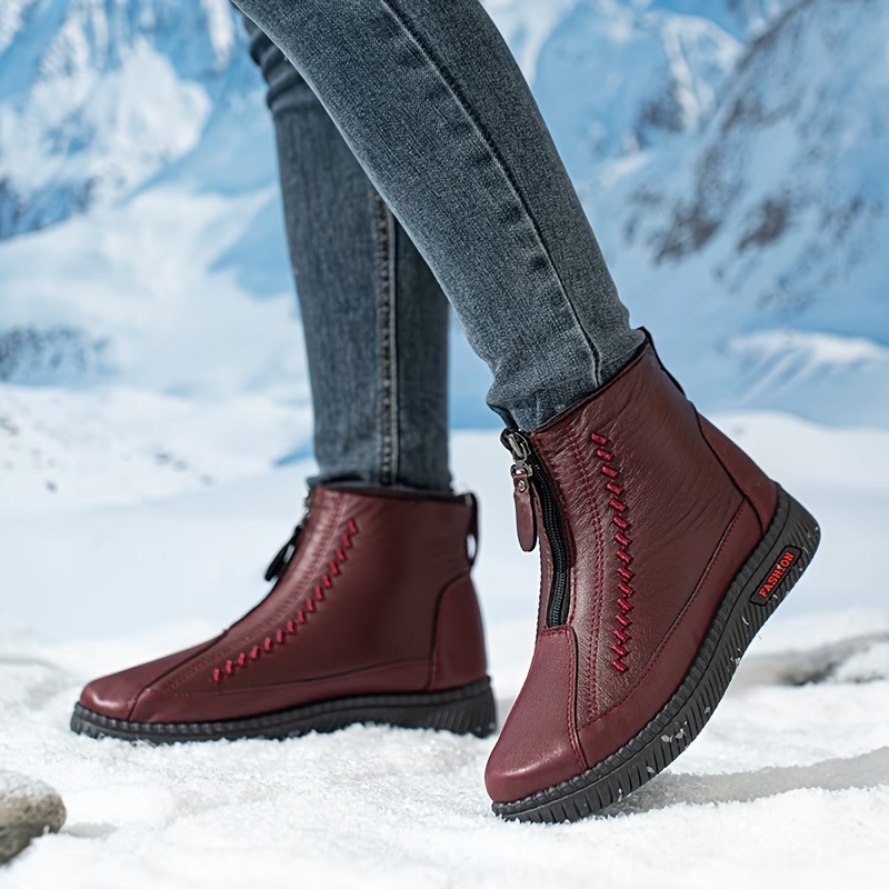 Women's Warm Fleece Lined Waterproof Leather Winter Ankle Boots