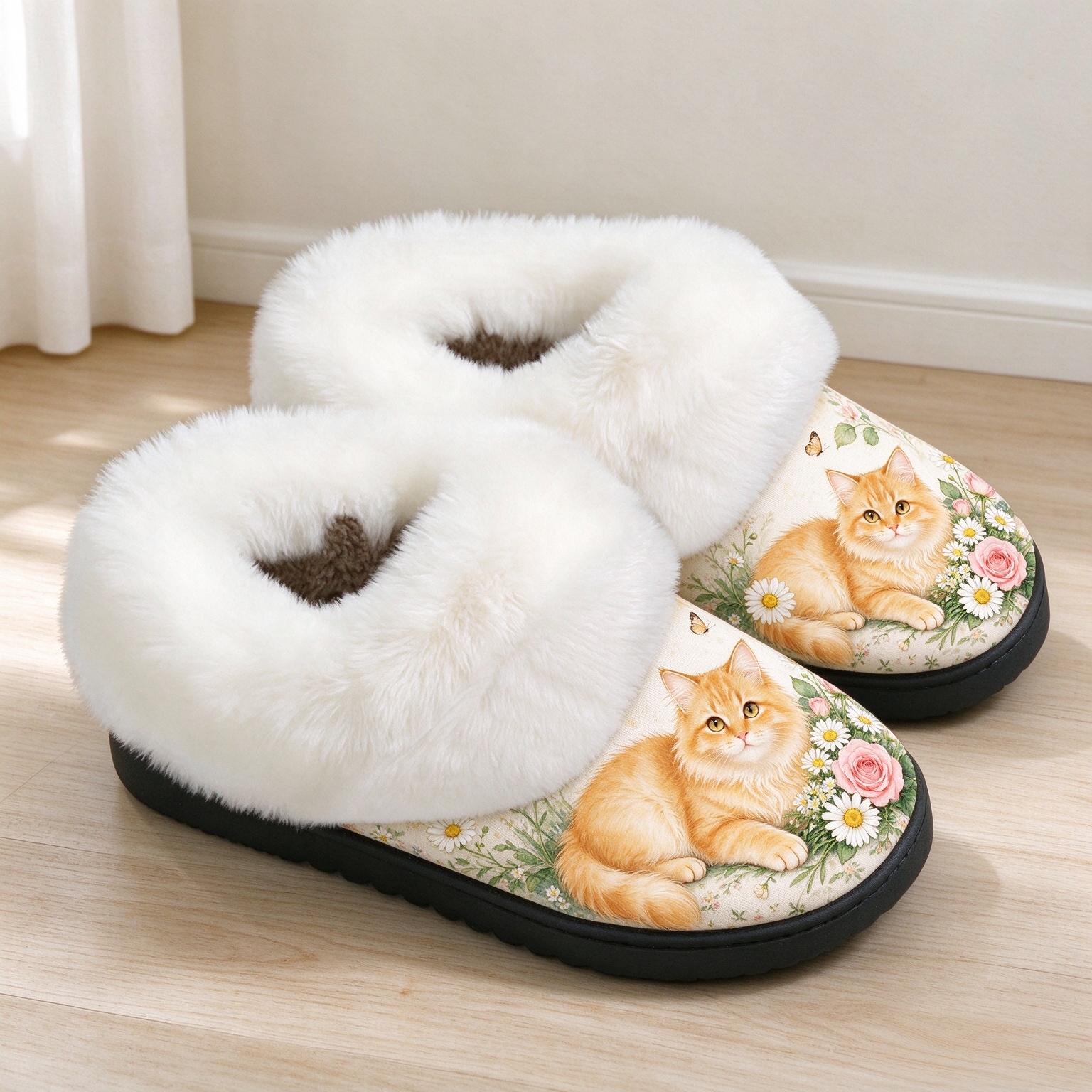Women's Cosy Cat Print Fleece Slippers Indoor/Outdoor Shoes Boots