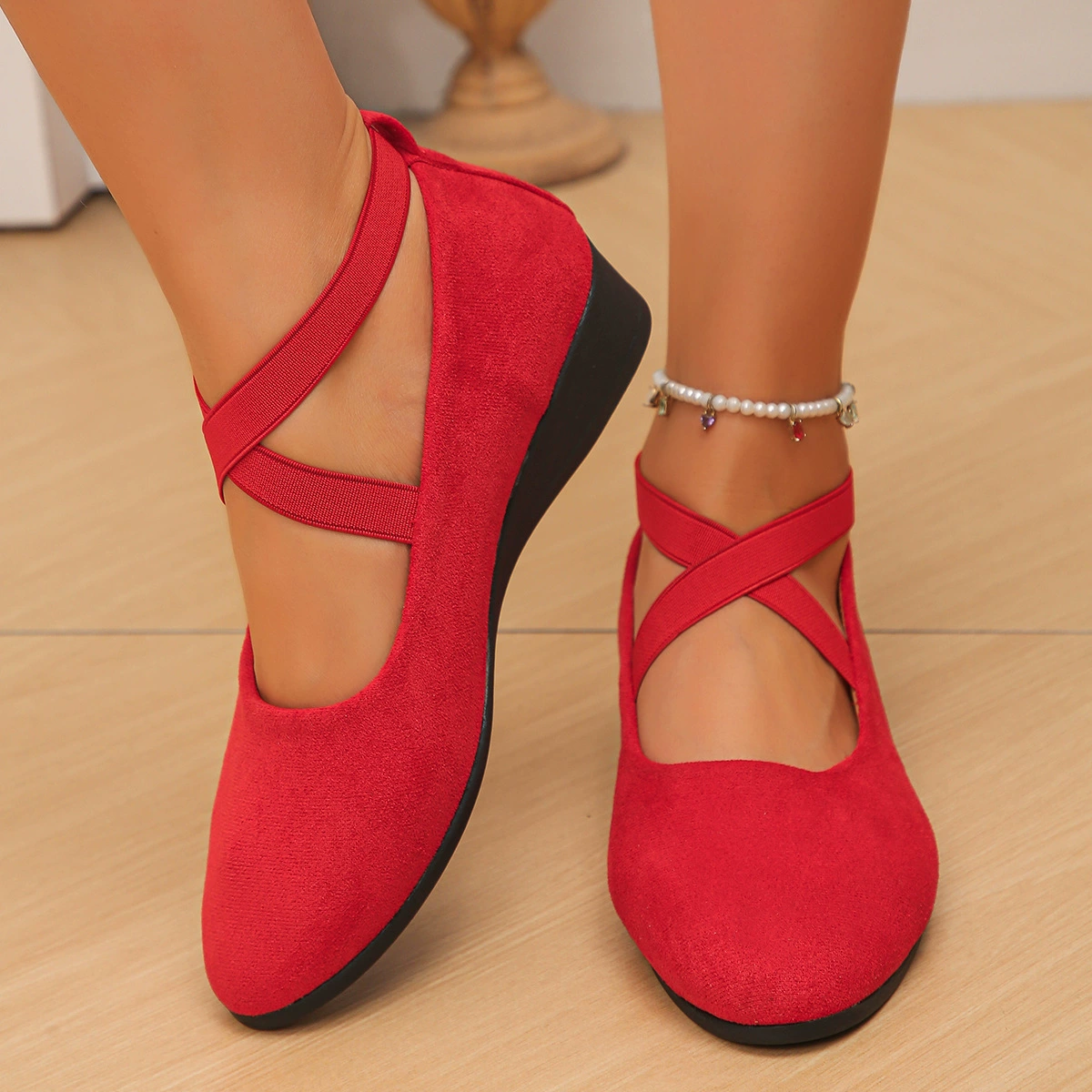 Women's Comfy Elastic Crisscross Strap Wedge Slip-On Shoes