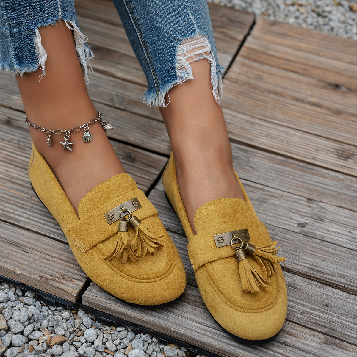 Women's Tassel Flat Loafers Slip-On Walking Shoes