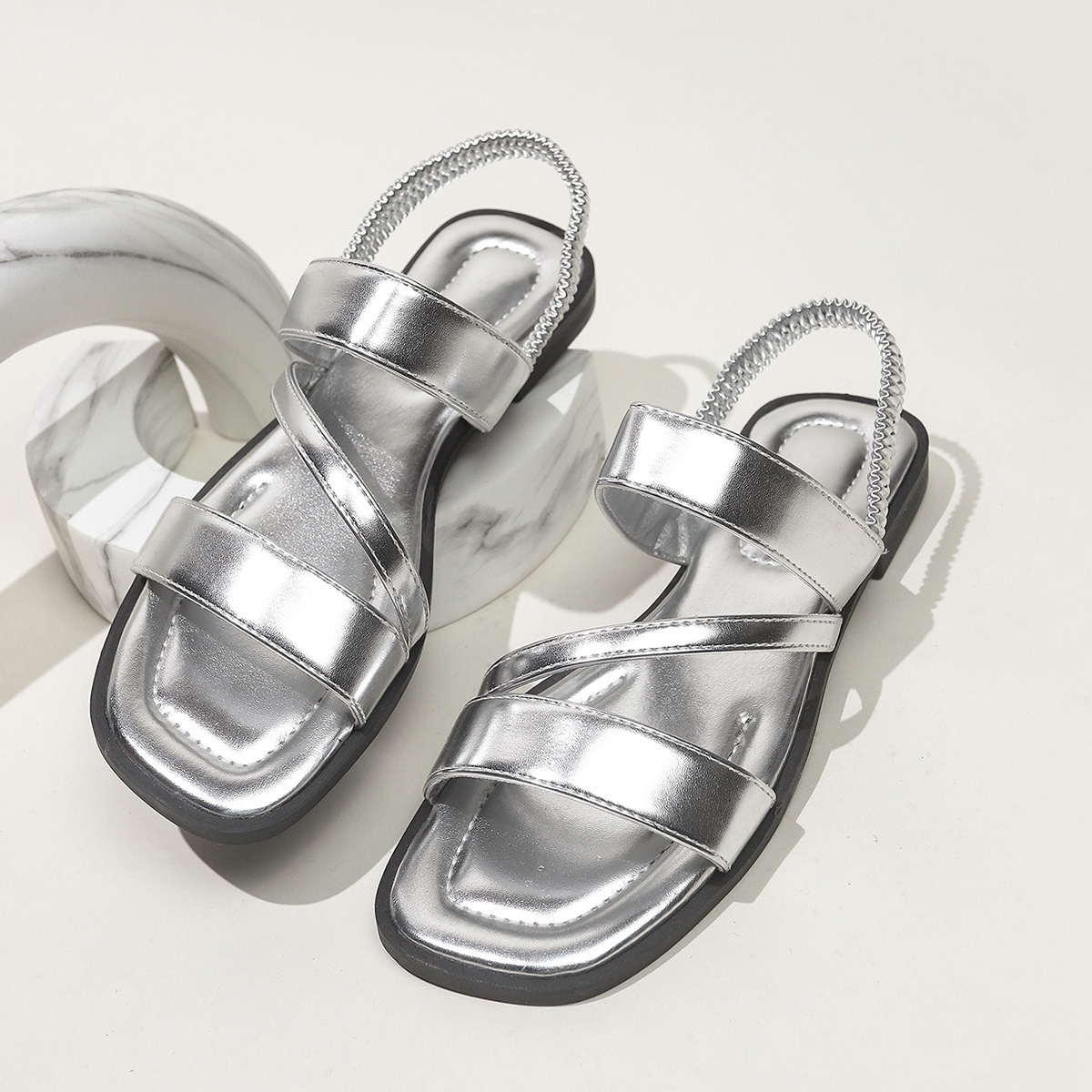Women's Double Strap Elastic Slingback Flat Open Toe Summer Casual Sandals