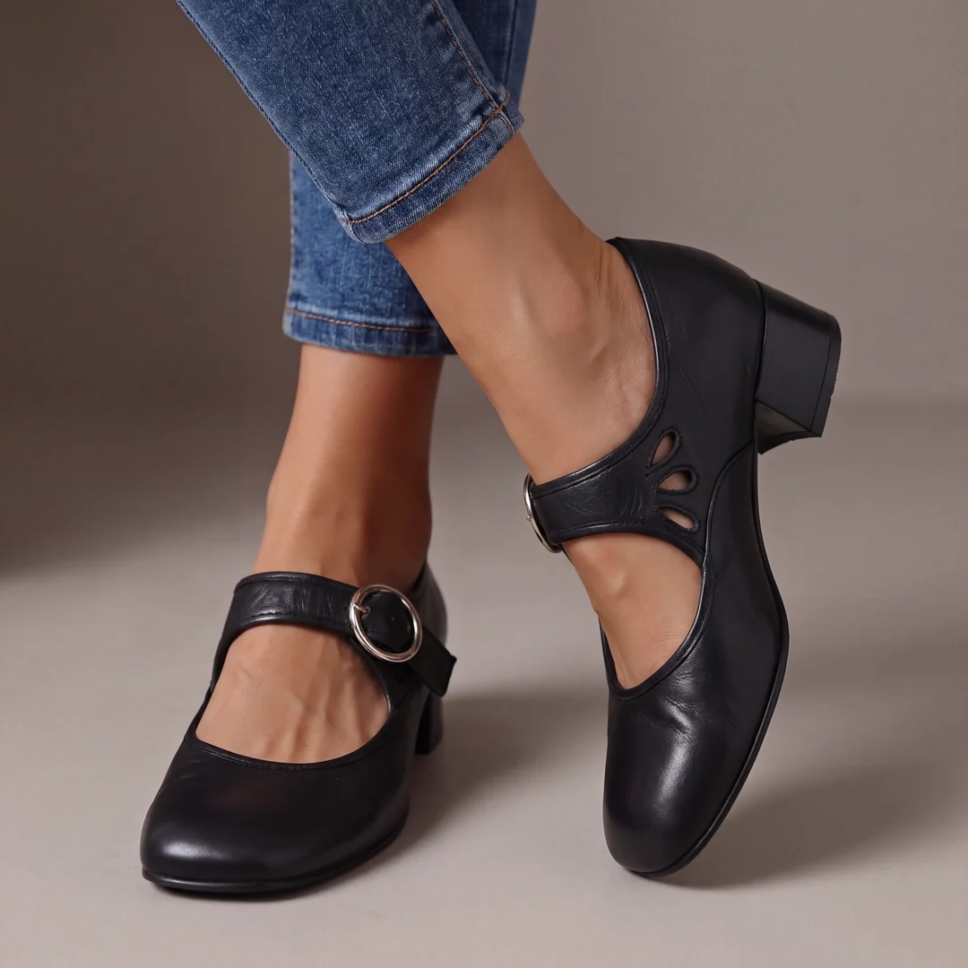Women's Cut‑Out Adjustable Buckle Block Heel Mary Jane Shoes Dress Shoes