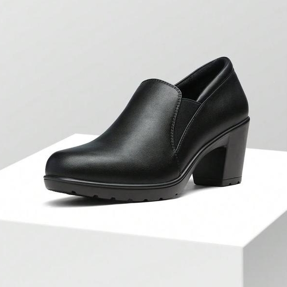 Women’s Stretch Side Leather Chunky Heel Slip‑On Shoes