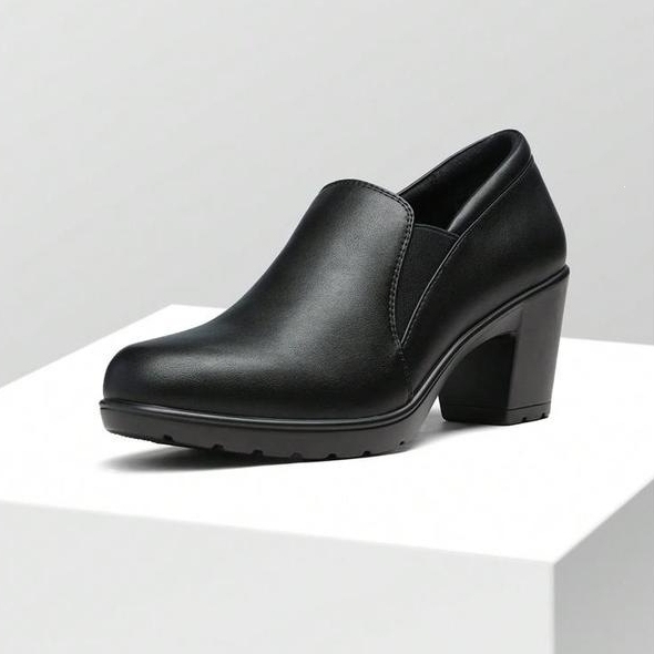 Women’s Stretch Side Leather Chunky Heel Slip‑On Shoes