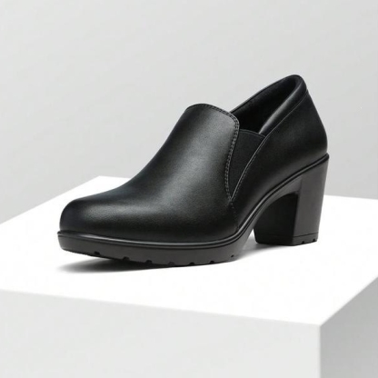 Women’s Stretch Side Leather Chunky Heel Slip‑On Shoes