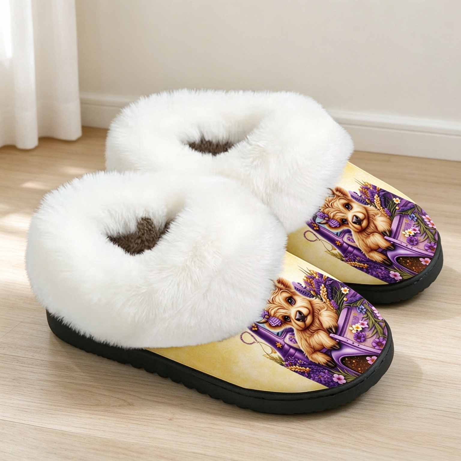 Women’s Highland Cow Floral Furry Slippers Warm Winter Non-slip Indoor/Outdoor Shoes