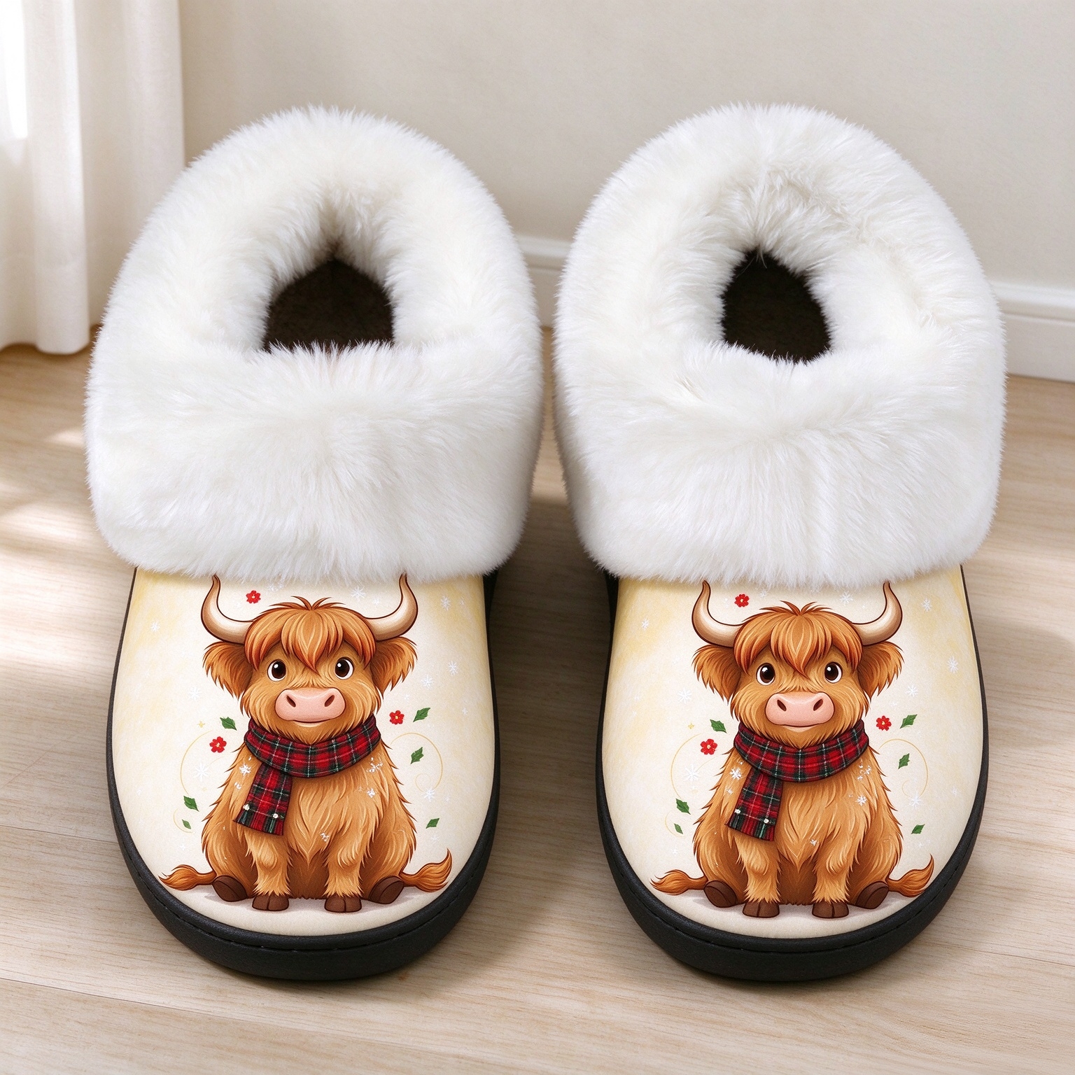 Women's Soft Fluffy Cuff Highland Cow Home Slippers