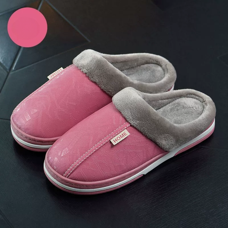 Unisex Warm Waterproof Non‑Slip Leather Winter Slippers Indoor House Shoes