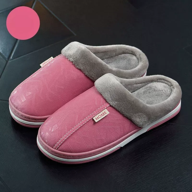 Unisex Warm Waterproof Non‑Slip Leather Winter Slippers Indoor House Shoes