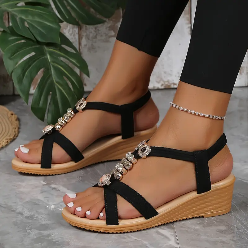 Women's Stylish Bohemian Beaded T-Strap Wedges Sandals