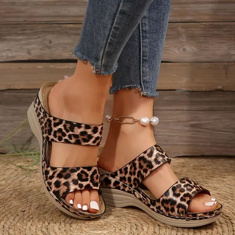 Women's Leopard Print Wedge Slide Sandals