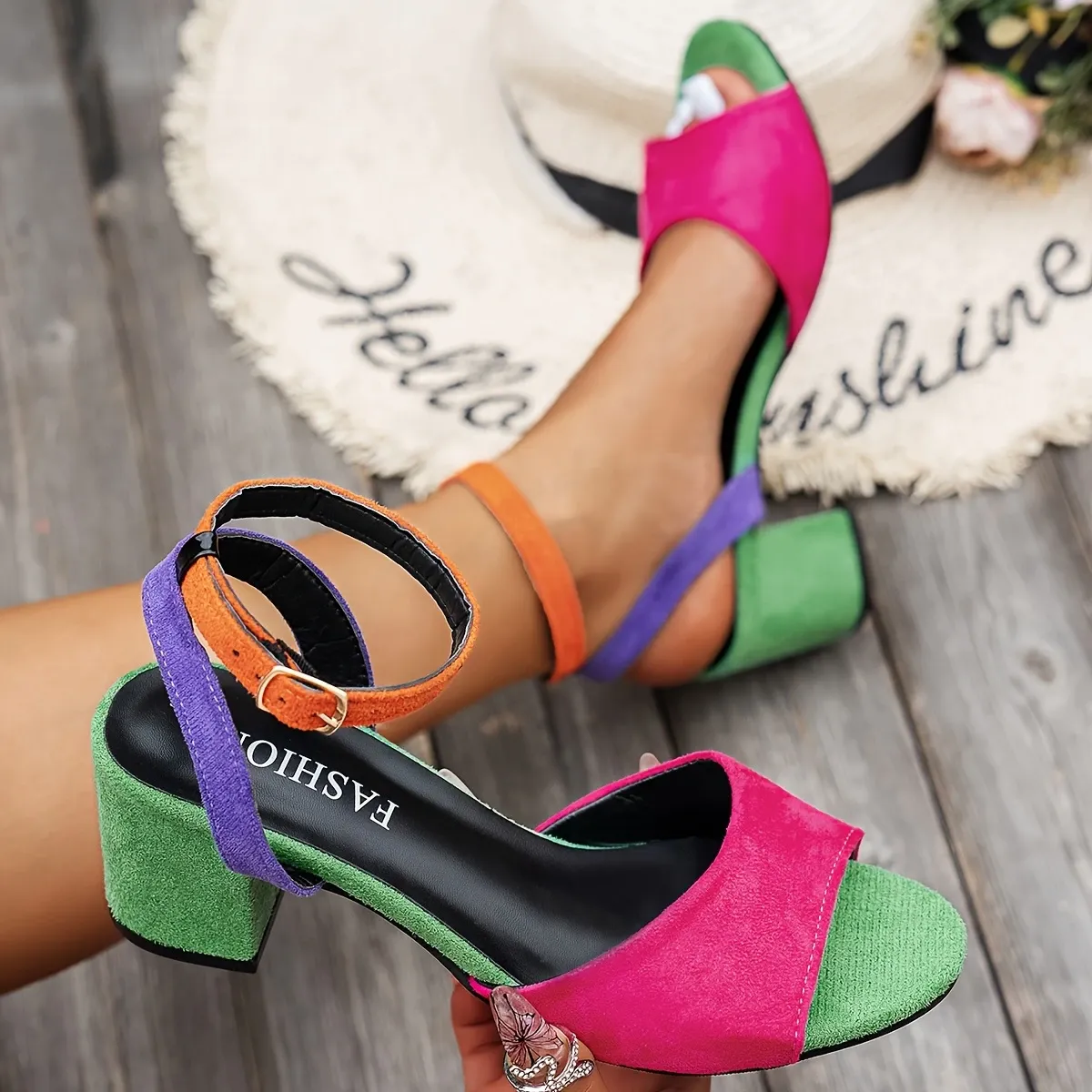 Women's Geometric Contrast Color Chunky Heel Sandals for Casual & Party Wear