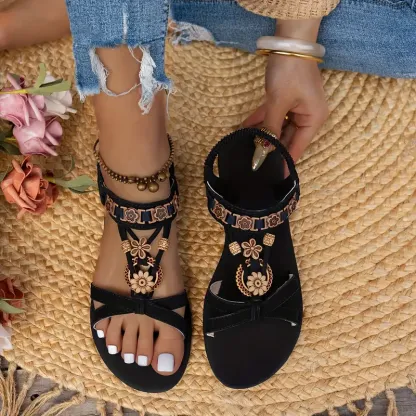 Bohemian Flat Sandals Round Toe Beaded Flower Beach Shoes for Women