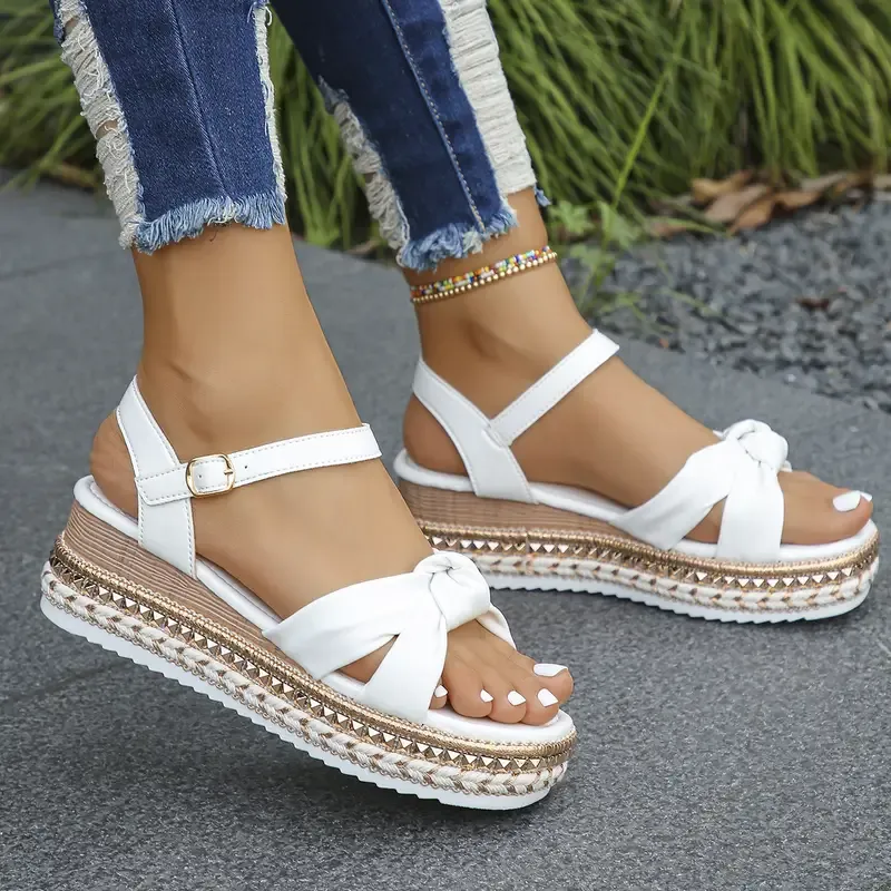 Women's Summer Fashion White Bowknot Thick Sole Wedge Sandals