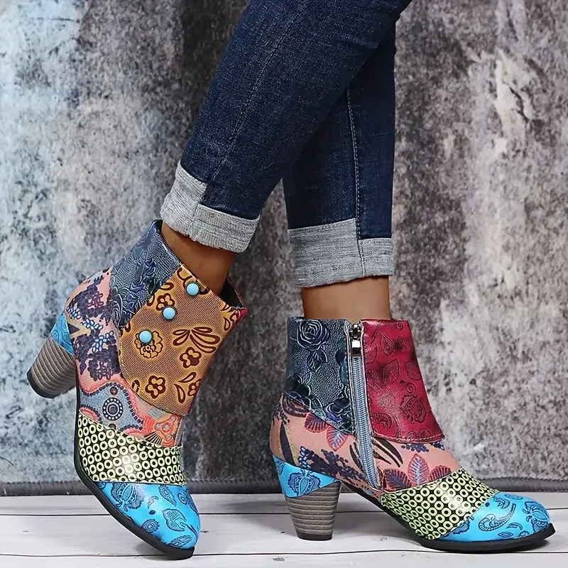 Women's Bohemian Floral Pattern Chunky Boots