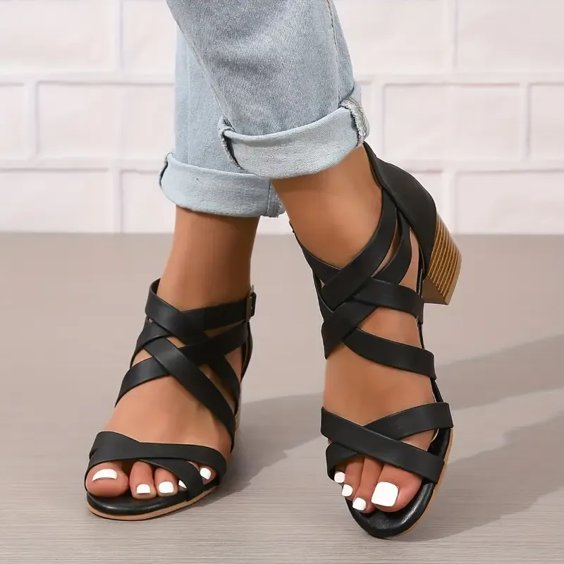 Women's Fashion Cross Strap Chunky Heeled Sandals