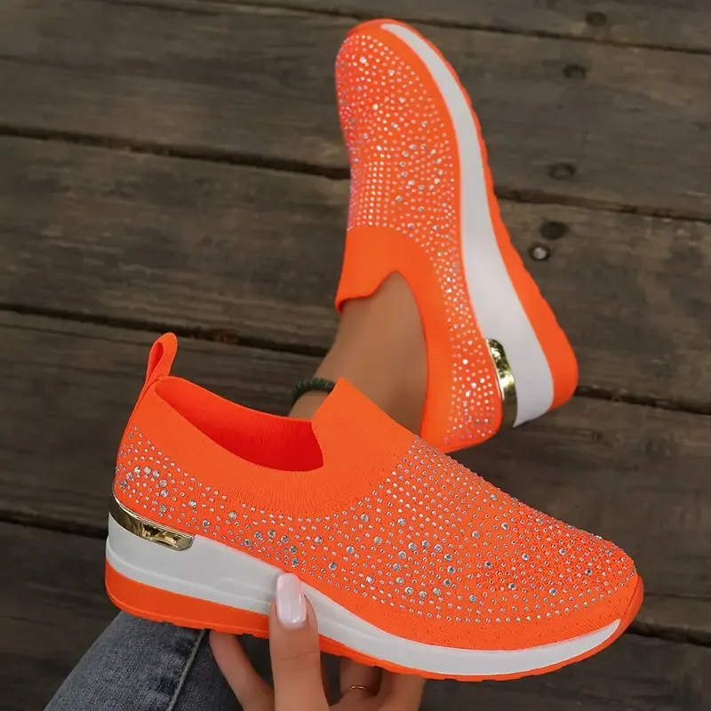 Women's Rhinestone Decor Platform Sneakers Slip-On Outdoor Shoes